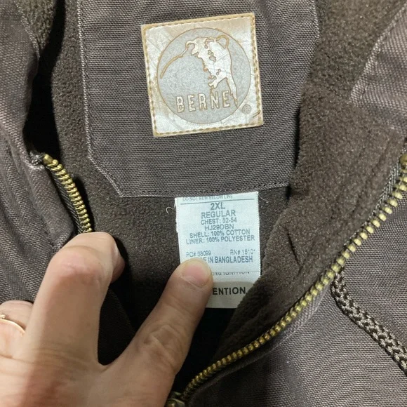 BERNE Heavy Lined 2XLR Brown Hooded Zipped Work Coat with logo - Picture 4 of 7